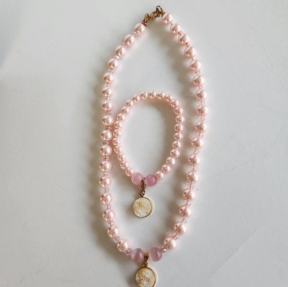 Hand Crafted Necklace & Bracelet Pink Pearl Crystals Cats Eye with Pendant - Picture 7 of 9